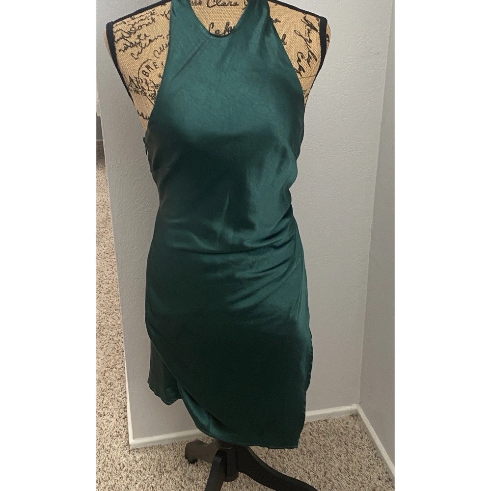 Selfie‎ Leslie Emerald Green Satin Silky Halter Tie Back Mini Dress Size Small